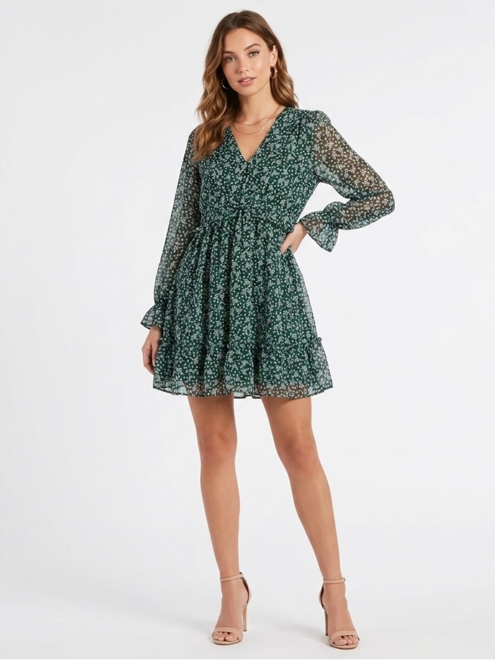 B Darlin Green Floral Dress Sz 1/2 Flowy Sheer Lined